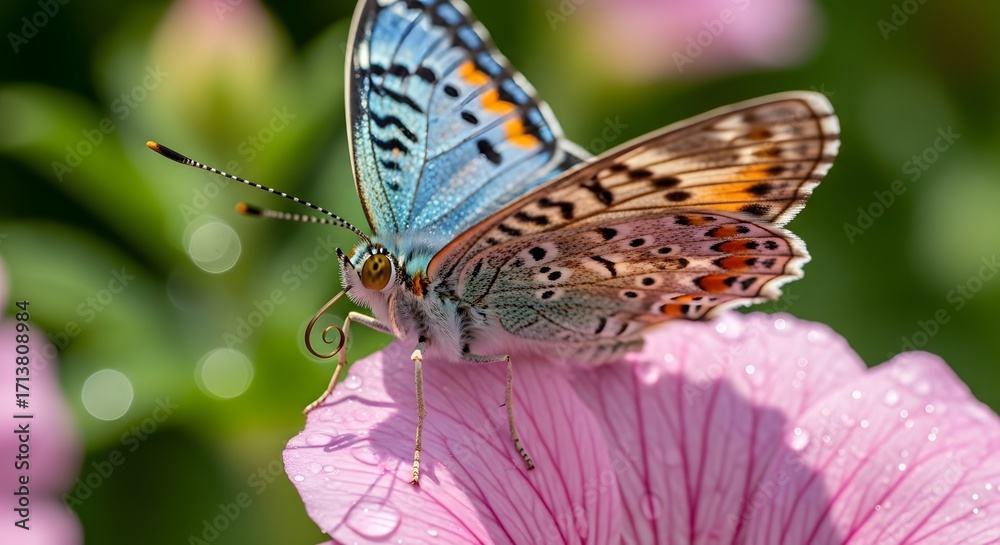Fototapeta premium A vibrant butterfly perched delicately on a pink flower, surrounded by a lush garden backdrop