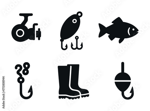 Fishing gear icons: reel, lures, fish, hook, boots, bobber silhouettes