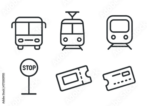 Public transportation icons: bus, tram, train, stop sign, tickets