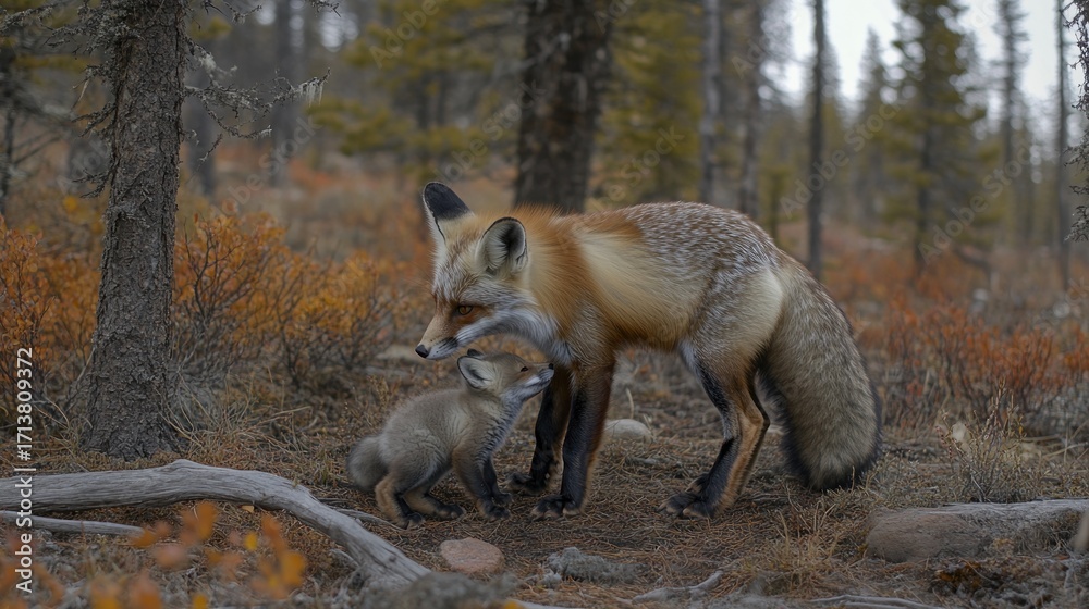 Naklejka premium Tender Moment: Red Fox Mother and Pup in Autumnal Forest Glade