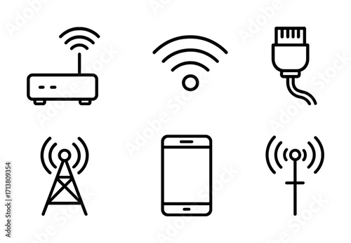 Icon set of internet connectivity symbols including router antenna and smartphone