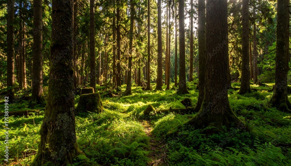 Fototapeta premium Sunlight filtering through a dense forest