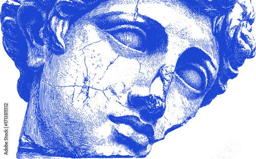 Cracked antique Greek statue head fragment. Detailed engraved marble bust with broken texture, classical mythology vector line art illustration.