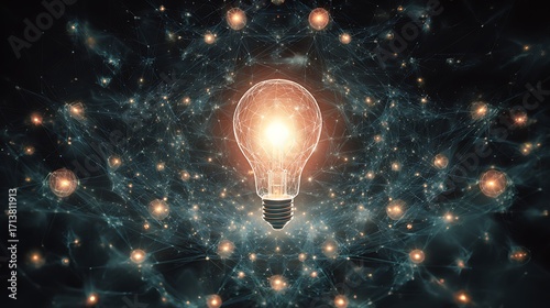 **Business Innovation Mind Map Surreal Illustration Glowing Lightbulb Center Connected To Digital Nodes Creativity Progress Disruptive Ideas Cosmic Art --Ar 16:9 --Raw** - @Musa (Relaxed)