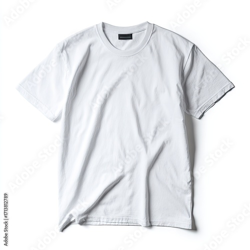 Plain white t-shirt, laid flat, against white background