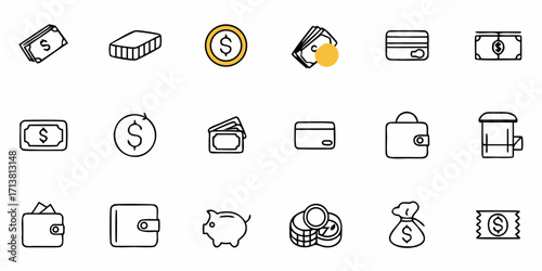 Diverse collection of hand-drawn finance icons representing money, savings, and transactions for modern business concepts
