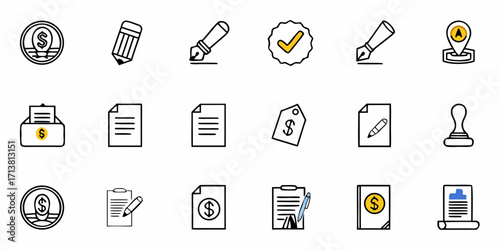 Essential business icons for finance, contracts, and documents, simplifying complex concepts for clear communication