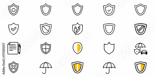 Collection of diverse shield icons representing security, protection, and policy concepts for modern business and digital safety