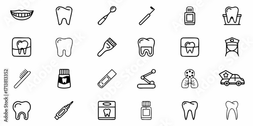 Professional dental care icons featuring teeth, tools, and hygiene essentials for modern medical branding.