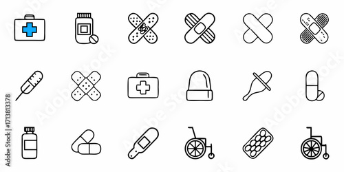 Essential medical icons including first aid kit, bandages, pills, thermometer, and wheelchair for healthcare concepts