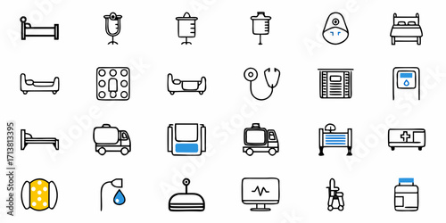 Modern medical icons collection representing healthcare, treatment, and hospital equipment for professional design projects