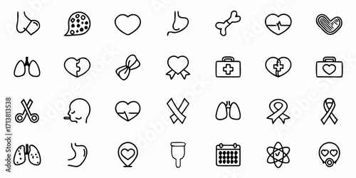 Diverse collection of medical and health icons representing organs, conditions, and care for instant project integration