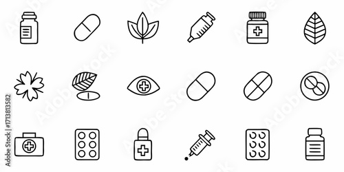 Medical icons showcase pills, capsules, syringes, first aid, and herbal remedies for health and wellness concepts