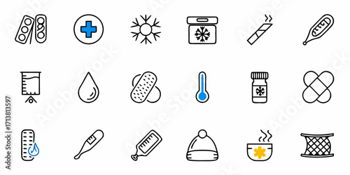 Essential medical icons depicting health treatments, illness remedies, and cold weather comfort for wellness and healthcare content.