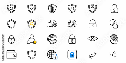 Modern security icons collection featuring shields, locks, fingerprints, and global access for digital protection