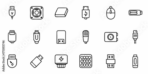 Modern technology icons showcasing USB connectors, computer mouse, fan, and microphone for digital innovation and connectivity