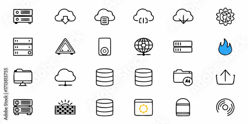 Diverse technology icons symbolizing data storage, cloud services, security, and digital information flow for modern applications.