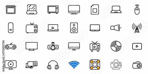 Modern technology icons for digital communication, entertainment, and creative projects, visually appealing and easily adaptable