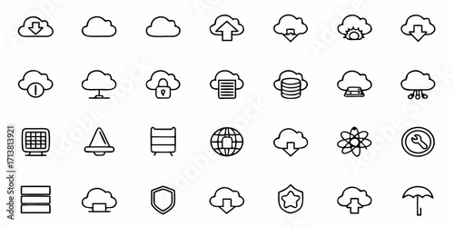 Diverse collection of technology and data icons representing cloud computing storage security and network concepts
