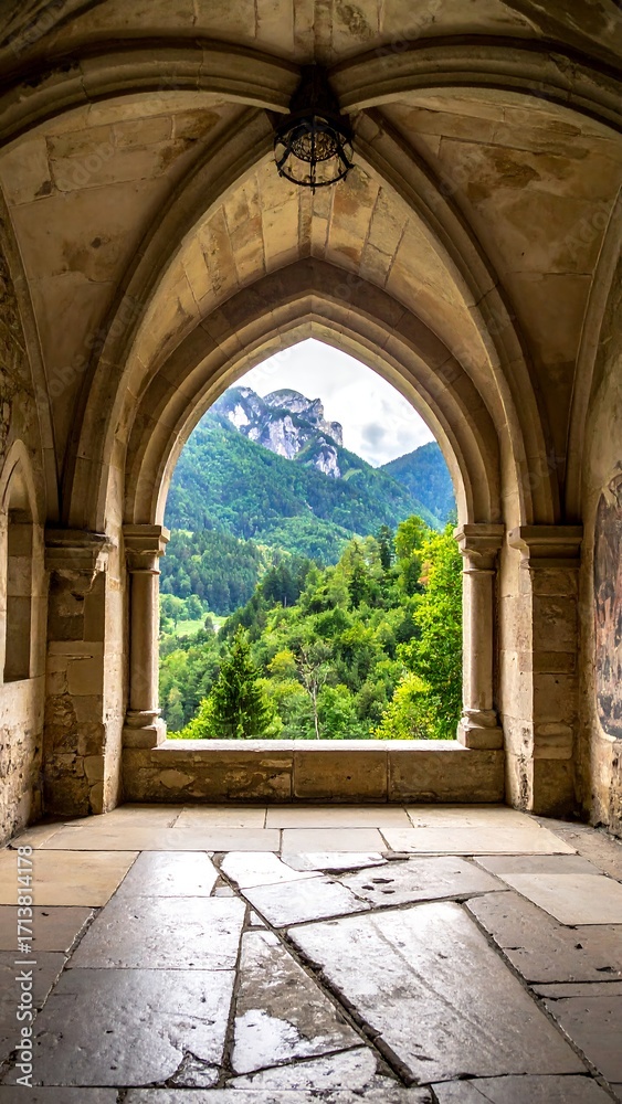 Fototapeta premium Stone archway, mountain vista