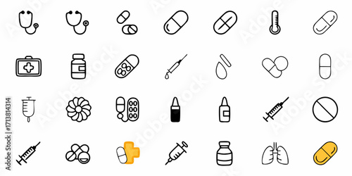 Essential medical icons including stethoscopes, pills, syringes, and first aid kit for healthcare and research projects