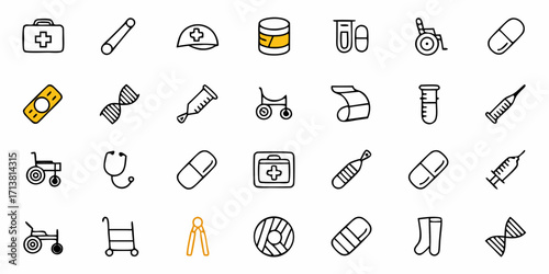 Modern medical icons and symbols for healthcare innovation and research, conveying wellness and scientific progress