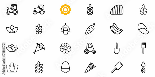 Charming farm icons showcase tractors, crops, garden tools, and fresh produce for agricultural themes