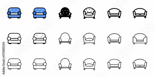 Collection of modern armchairs and sofas presented in clean icon style for interior design projects