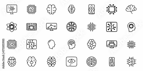 Dynamic AI brain icons and futuristic computer chips represent innovation, technology, and intelligence in modern digital concepts.