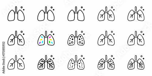 Diverse lung icons set symbolizing health and illness, ideal for medical education and awareness campaigns