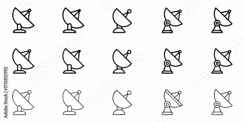 Diverse satellite dish icons representing communication, data, and broadcasting technology in a clean, modern style.