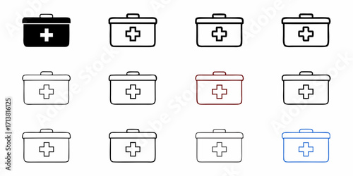 Diverse first aid kit icons represent medical care preparedness and emergency response solutions