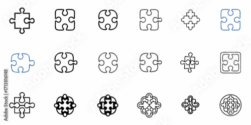 Diverse puzzle piece icons and interconnected designs symbolizing collaboration teamwork and problem solving solutions