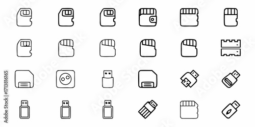 Modern digital storage icons featuring memory cards USB drives and computer components for tech innovation