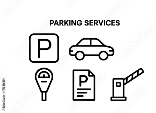 Parking services icons: car, meter, permit, barrier symbols