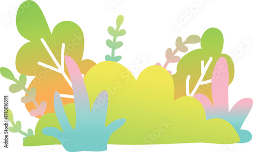 Whimsical cartoon foliage featuring soft pastel gradient leaves and bushes.
