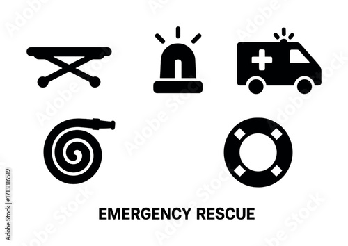 Emergency rescue symbols: stretcher, siren, ambulance, hose, lifebuoy
