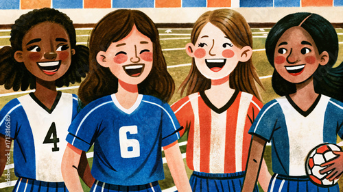 Vector illustration of girls teammates laughing and walking together on a football field. Sports friendship, teamwork, joy, and athletic lifestyle concept for youth and school activities.