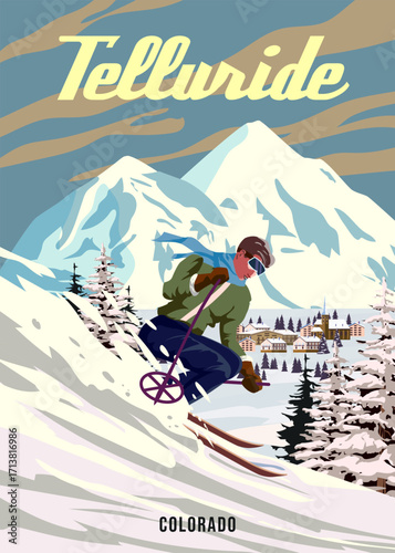 Vintage Travel poster Ski Telluride resort. America winter landscape travel card