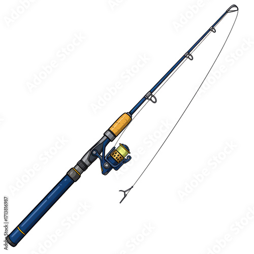 A detailed cartoon illustration of a blue spinning fishing rod with a reel and line against a white background.