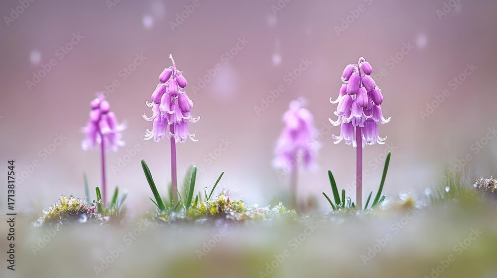 Naklejka premium Delicate Grape Hyacinths in Soft Focus, Dew-Kissed and Dreamy