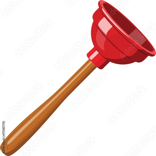 Red plunger with wooden handle home repair tool isolated vector