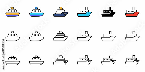 Collection of modern cruise ship icons offering diverse styles and vibrant colors for travel and maritime themes