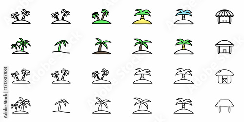 Tropical paradise icons featuring palm trees and beach huts evoking vacation and relaxation vibes