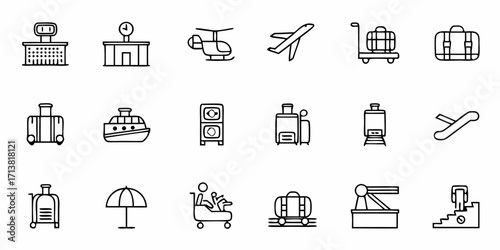 Modern travel icons depict transportation modes and luggage for journeys