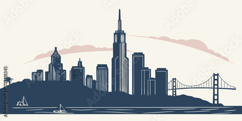 Iconic city skyline silhouette with sailboats on water and a famous suspension bridge on a clear day