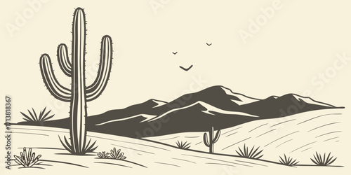 Majestic saguaro cactus stands tall against a backdrop of rolling desert mountains and soaring birds.