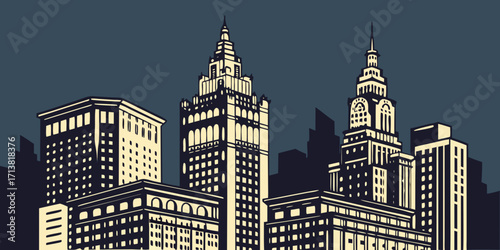 Striking cityscape silhouette with vintage skyscrapers evokes urban dynamism and architectural grandeur for commercial projects.