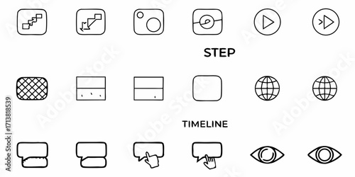Diverse hand-drawn icons for digital interfaces, communication, progress, and viewing, perfect for modern design projects.