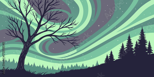 Stunning aurora borealis dances over silhouette of bare tree and pine forest under starry night sky